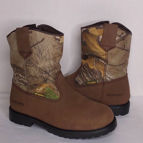 'HERTER'S' LEATHER HUNT BOOTS MOISTURE-WICK CAMO 'REALTREE`EXTRA PULL-ON YOUTH - Picture 10 of 16